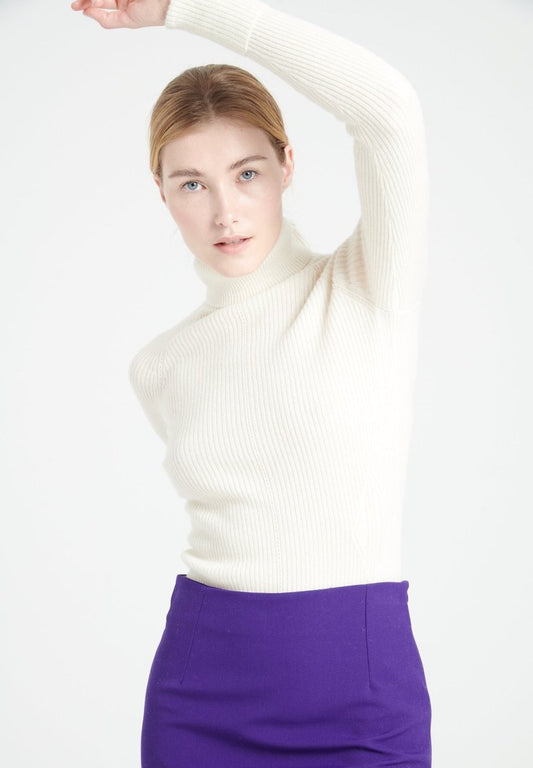 MIA 5 Pull col roulé en cachemire à mailles côtelées blanc écru - Studio cashmere8