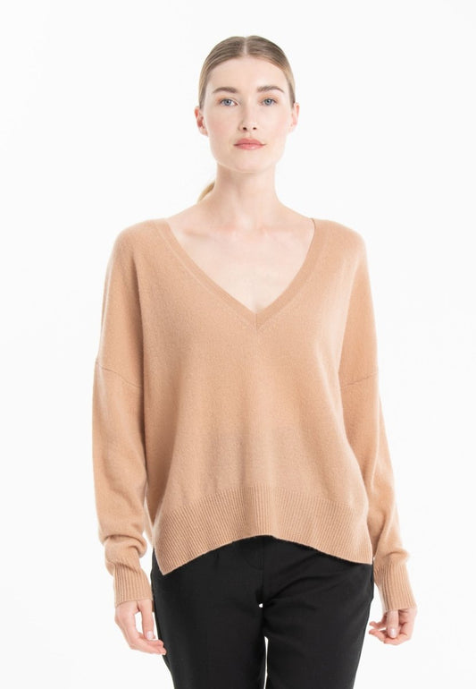 NAMI 23 Pull col V en cachemire avec bande couleur camel/beige - Studio cashmere8