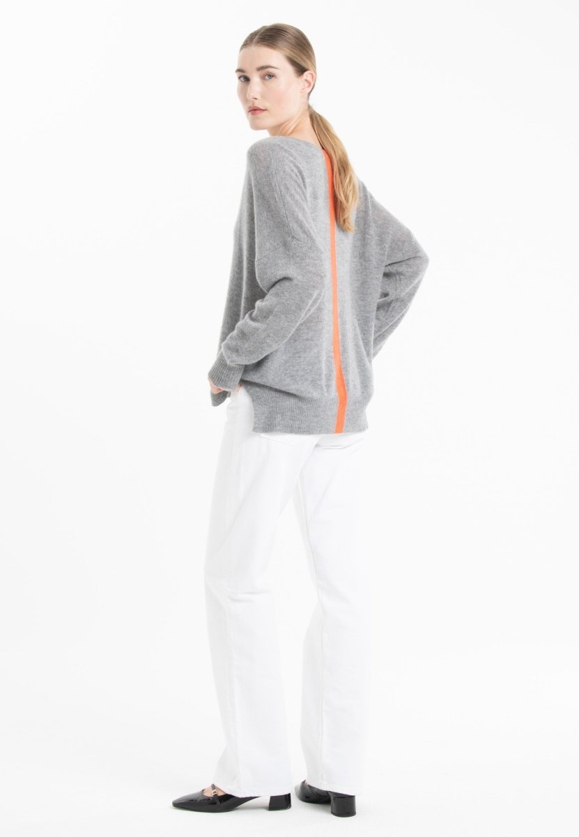 NAMI 23 Pull col V en cachemire avec bande couleur gris/mandarine - Studio cashmere8