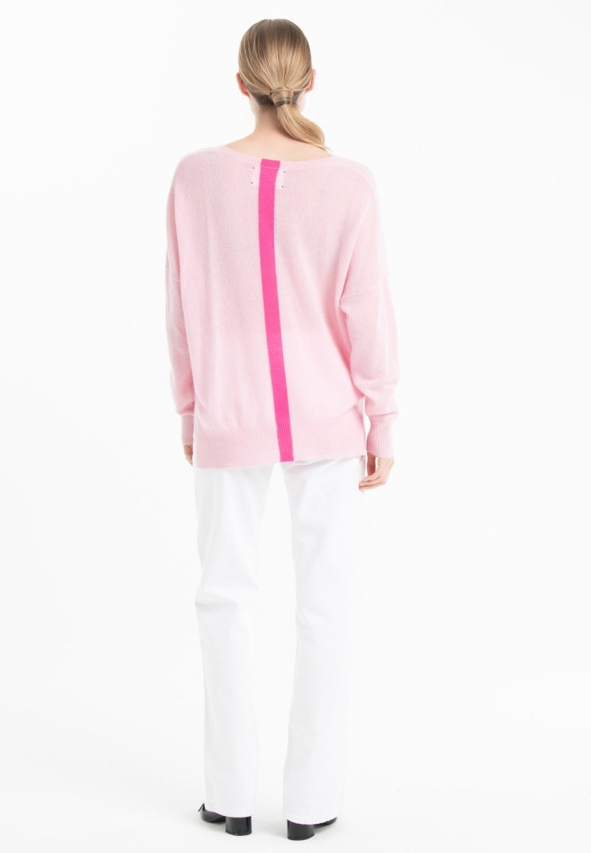 NAMI 23 Pull col V en cachemire avec bande couleur rose - Studio cashmere8