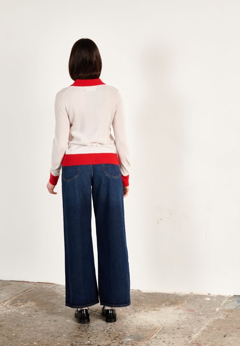 Polo manches longues cachemire gris perle/rouge femme - HANA 10 - Studio cashmere8