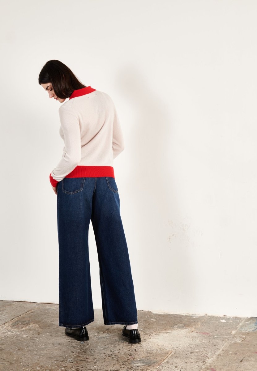 Polo manches longues cachemire gris perle/rouge femme - HANA 10 - Studio cashmere8