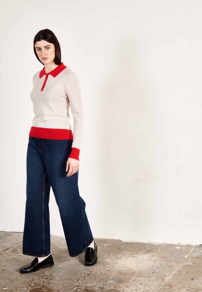 Polo manches longues cachemire gris perle/rouge femme - HANA 10 - Studio cashmere8