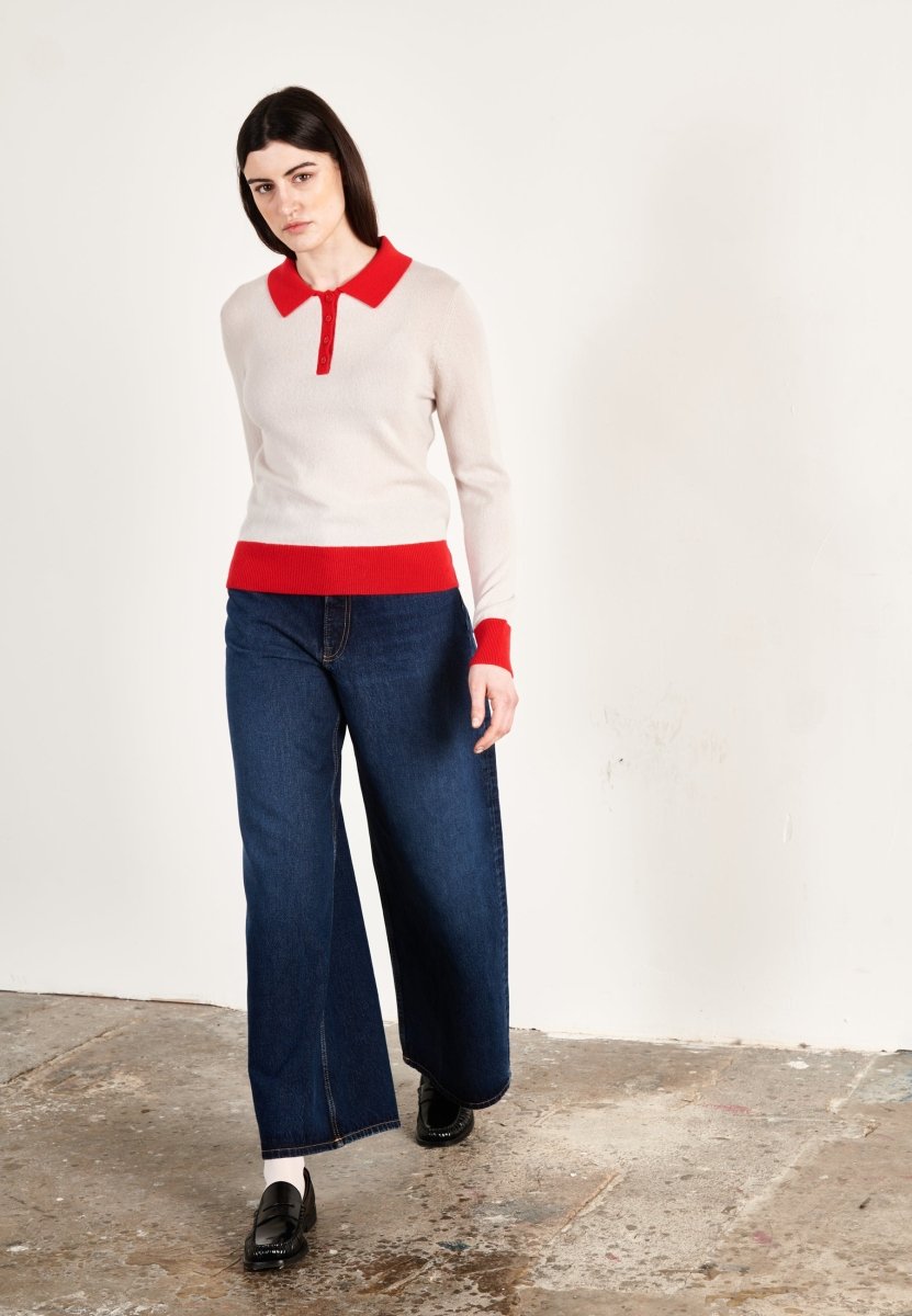 Polo manches longues cachemire gris perle/rouge femme - HANA 10 - Studio cashmere8