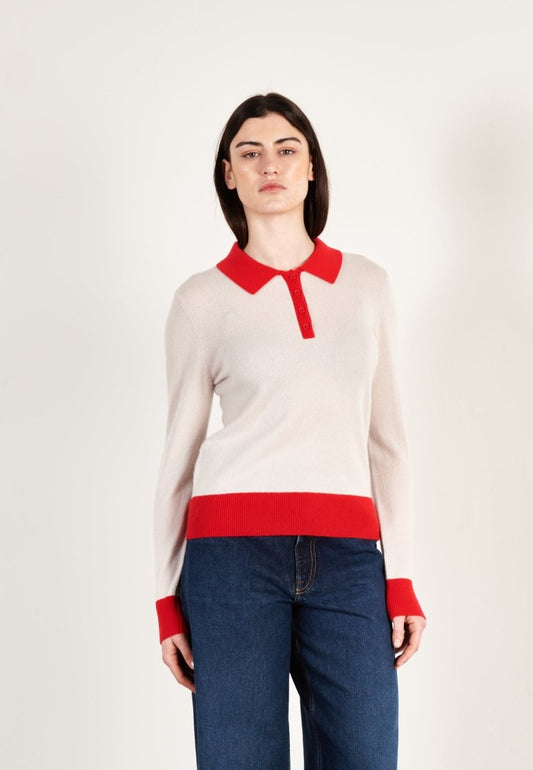 Polo manches longues cachemire gris perle/rouge femme - HANA 10 - Studio cashmere8
