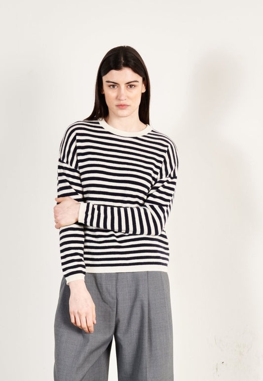 Pull col rond cachemire écru/bleu marine femme - HANA 5 - Studio cashmere8