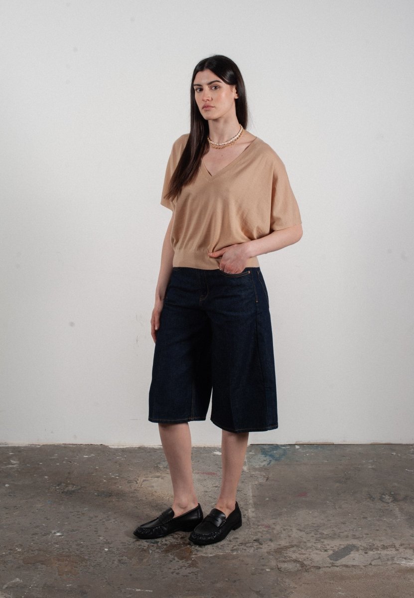Pull col V à manches chauve souris femme en cachemire & laine ultrafin beige - KELLY 6