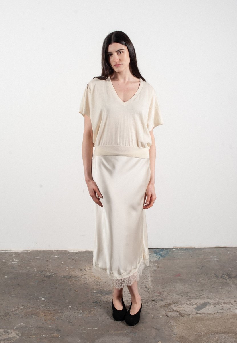Pull col V à manches chauve souris femme en cachemire & laine ultrafin blanc - KELLY 6