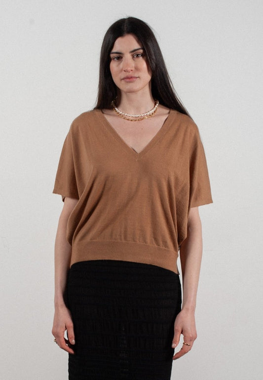 Pull col V à manches chauve souris femme en cachemire & laine ultrafin camel - KELLY 6 - Studio cashmere8