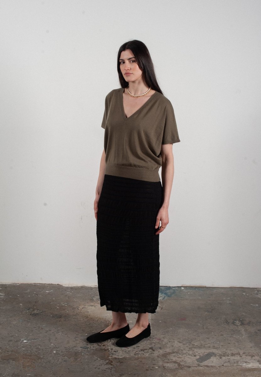 Pull col V à manches chauve souris femme en cachemire & laine ultrafin kaki militaire - KELLY 6