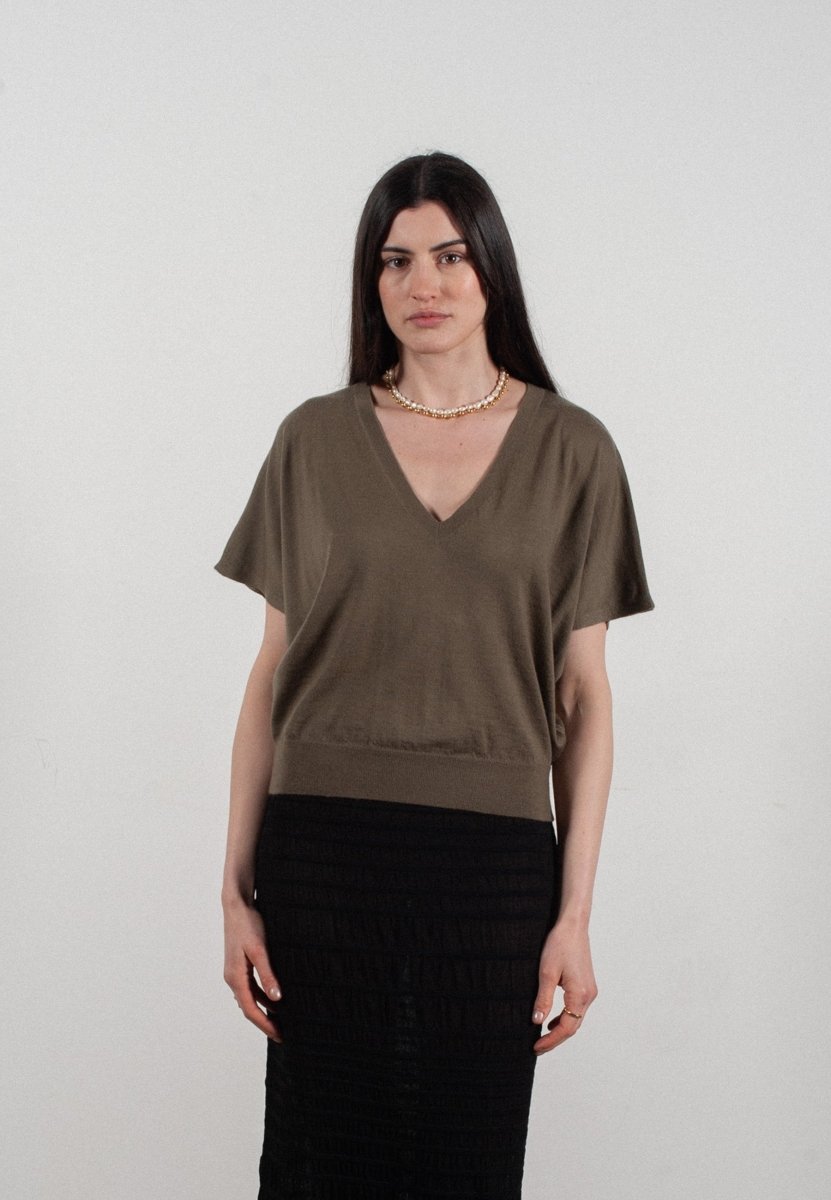 Pull col V à manches chauve souris femme en cachemire & laine ultrafin kaki militaire - KELLY 6