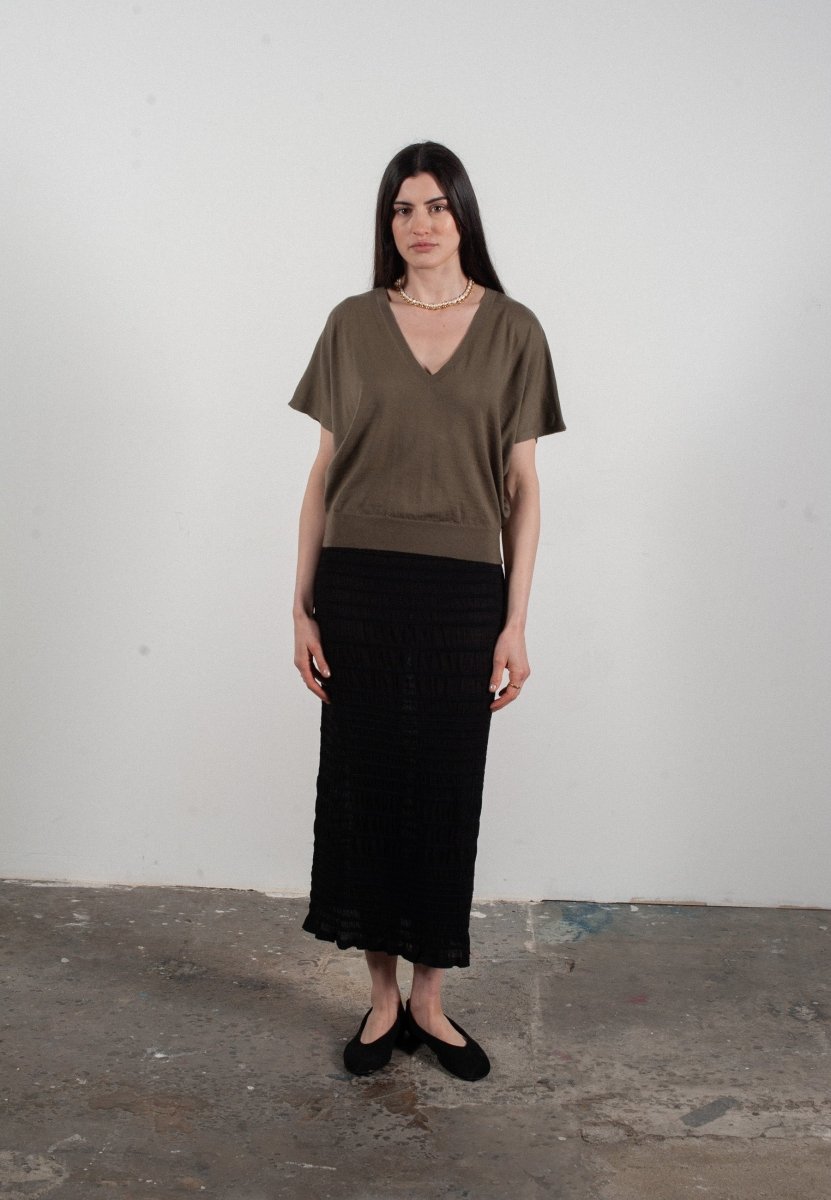 Pull col V à manches chauve souris femme en cachemire & laine ultrafin kaki militaire - KELLY 6