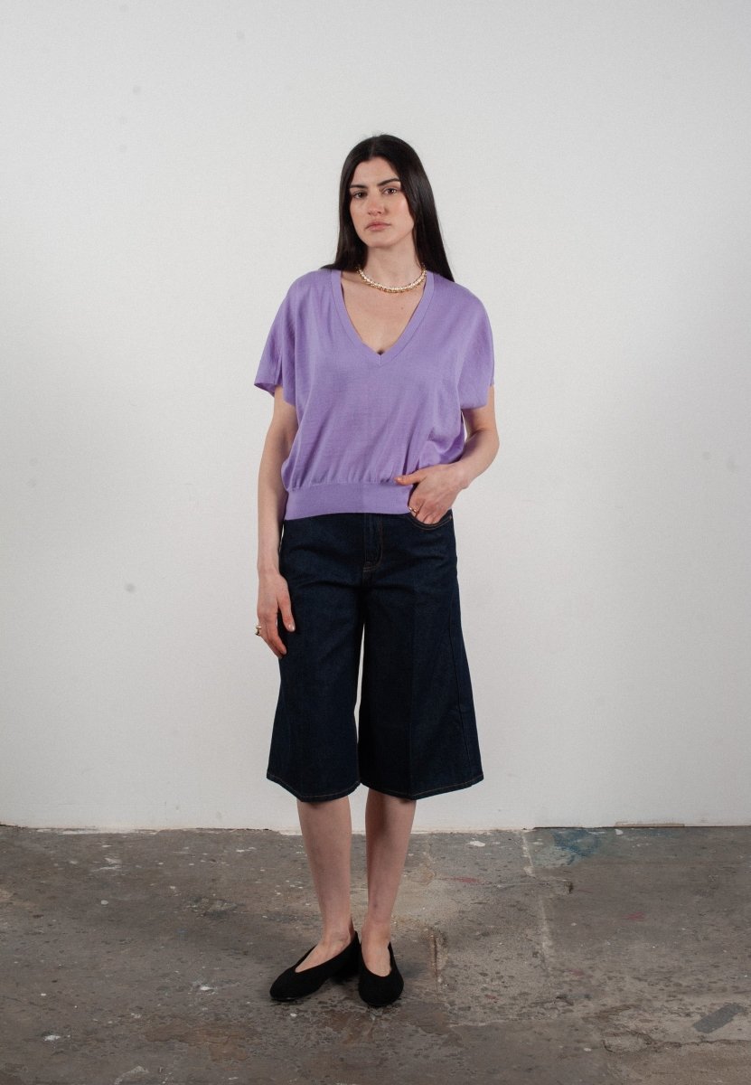 Pull col V à manches chauve souris femme en cachemire & laine ultrafin lavande - KELLY 6 - Studio cashmere8