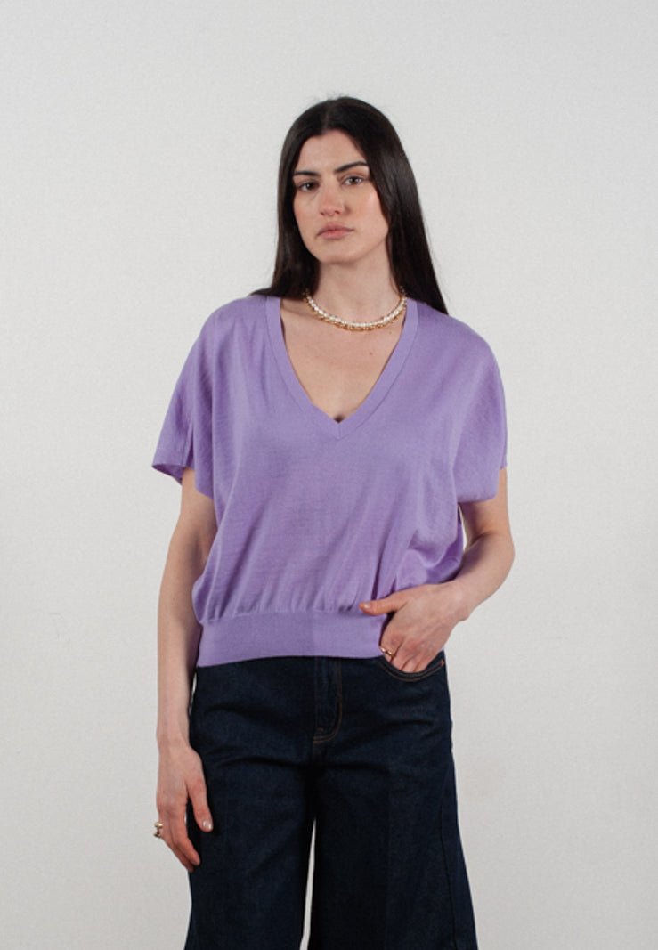 Pull col V à manches chauve souris femme en cachemire & laine ultrafin lavande - KELLY 6 - Studio cashmere8