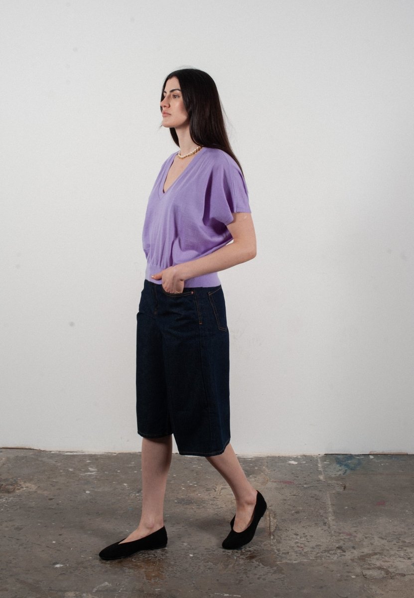 Pull col V à manches chauve souris femme en cachemire & laine ultrafin lavande - KELLY 6 - Studio cashmere8