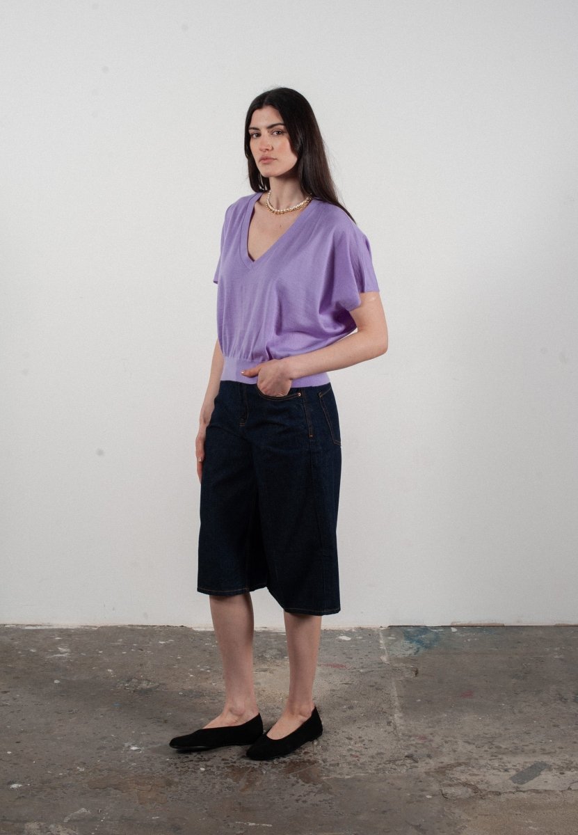 Pull col V à manches chauve souris femme en cachemire & laine ultrafin lavande - KELLY 6 - Studio cashmere8