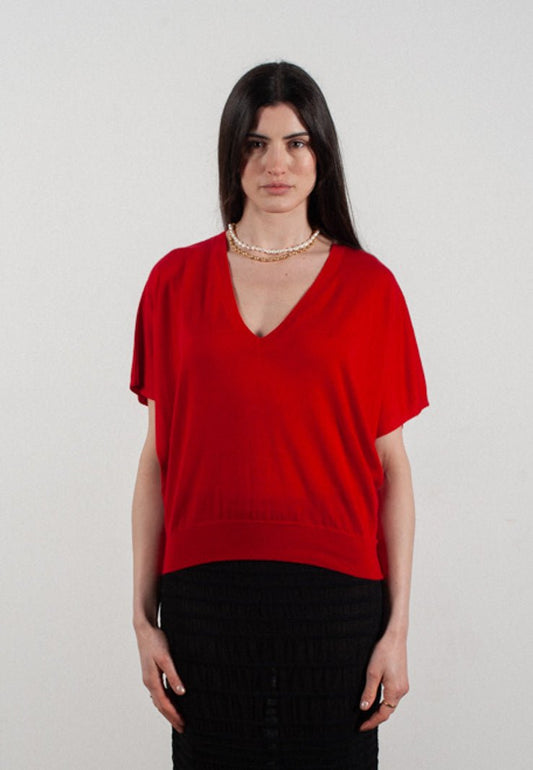 Pull col V à manches chauve souris femme en cachemire & laine ultrafin rouge - KELLY 6 - Studio cashmere8