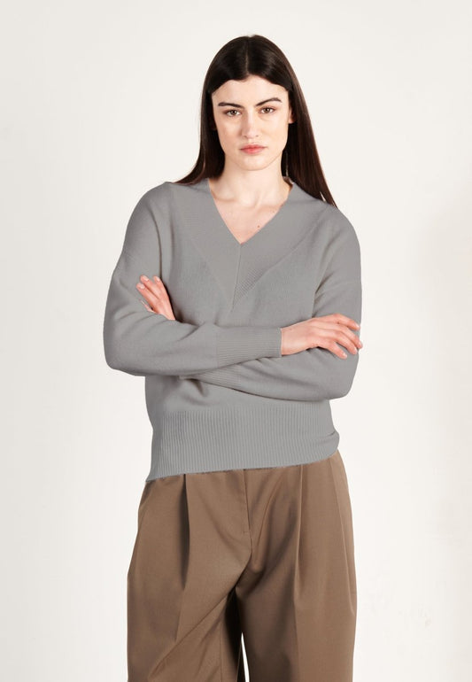 Pull col V cachemire 4 fils gris souris femme - HANA 12 - Studio cashmere8