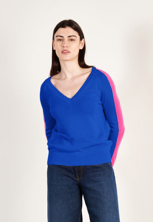 Pull col V cachemire bleu pétrole/rose indien femme - RIA 1 - Studio cashmere8