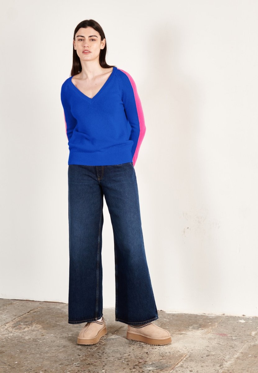 Pull col V cachemire bleu pétrole/rose indien femme - RIA 1 - Studio cashmere8