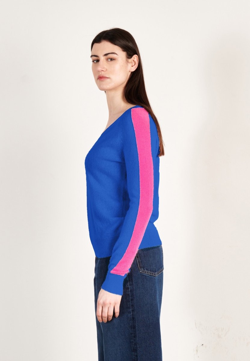 Pull col V cachemire bleu pétrole/rose indien femme - RIA 1 - Studio cashmere8