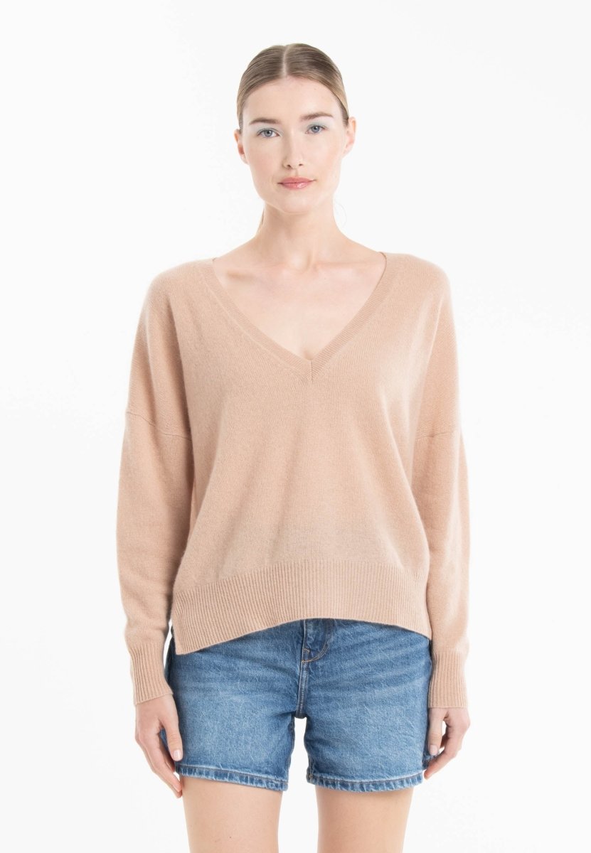Pull col V cachemire camel clair/violet femme - NAMI 23 - Studio cashmere8