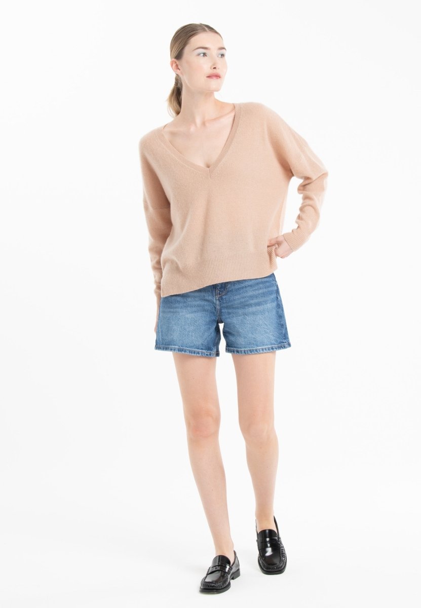 Pull col V cachemire camel clair/violet femme - NAMI 23 - Studio cashmere8