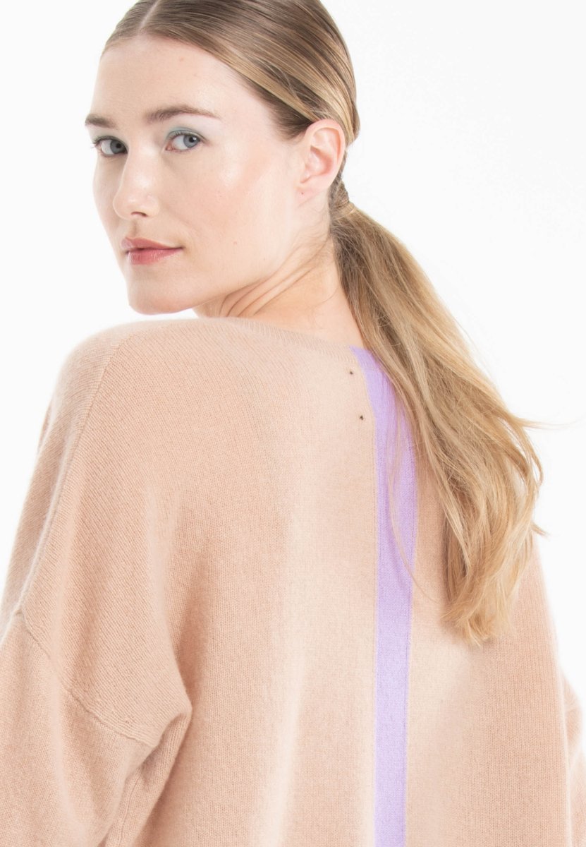 Pull col V cachemire camel clair/violet femme - NAMI 23 - Studio cashmere8
