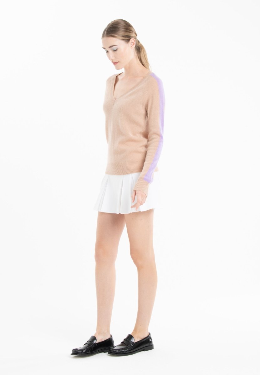 Pull col V cachemire camel clair/violet femme - RIA 1 - Studio cashmere8