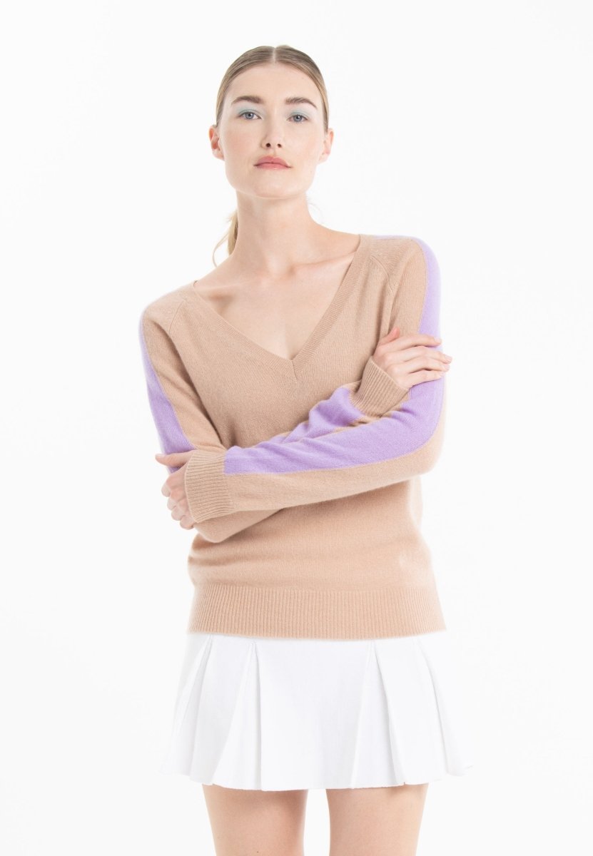 Pull col V cachemire camel clair/violet femme - RIA 1 - Studio cashmere8
