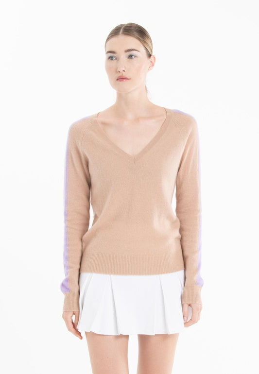 Pull col V cachemire camel clair/violet femme - RIA 1 - Studio cashmere8
