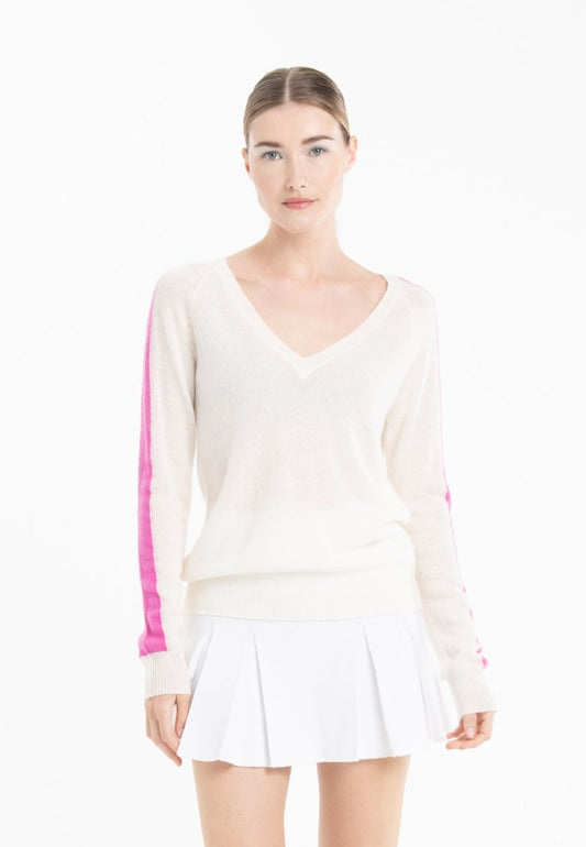 Pull col V cachemire écru/rose barbie femme - RIA 1 - Studio cashmere8