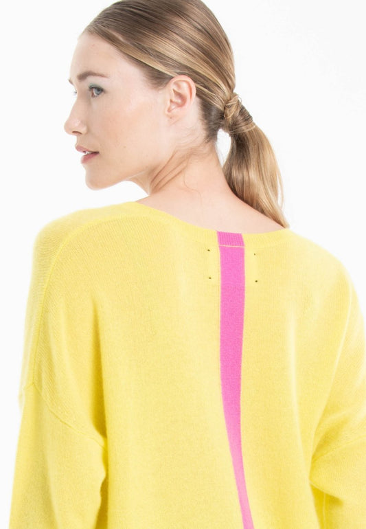 Pull col V cachemire jaune fluo/rose barbie femme - NAMI 23 - Studio cashmere8