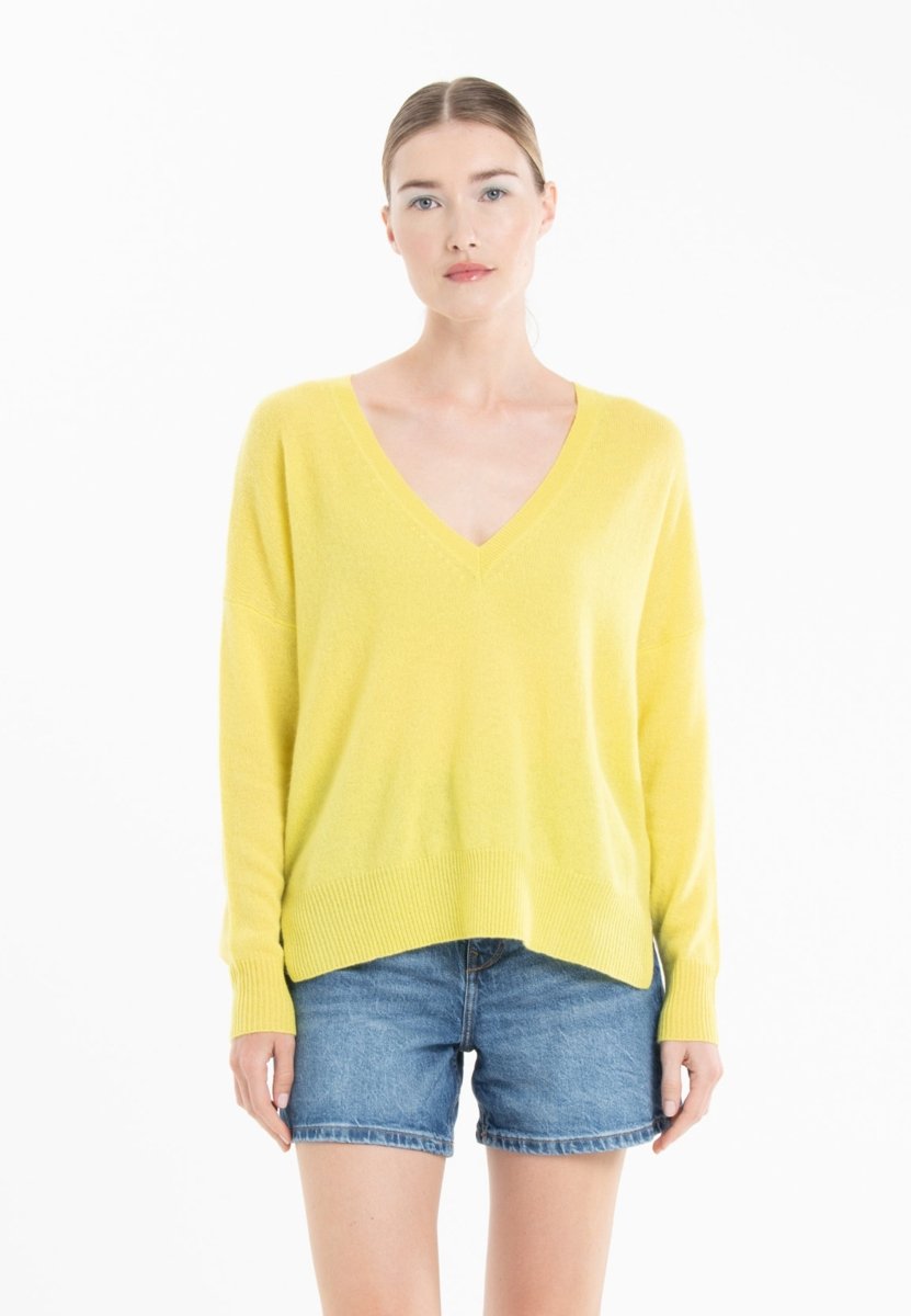 Pull col V cachemire jaune fluo/rose barbie femme - NAMI 23 - Studio cashmere8