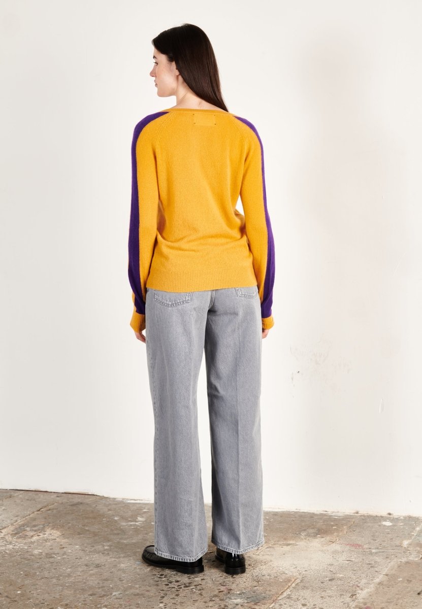 Pull col V cachemire moutarde/violet femme - RIA 1