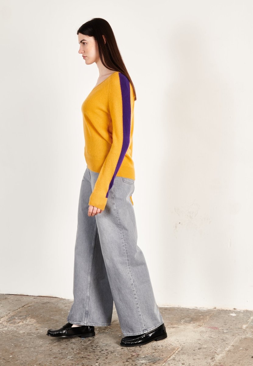 Pull col V cachemire moutarde/violet femme - RIA 1