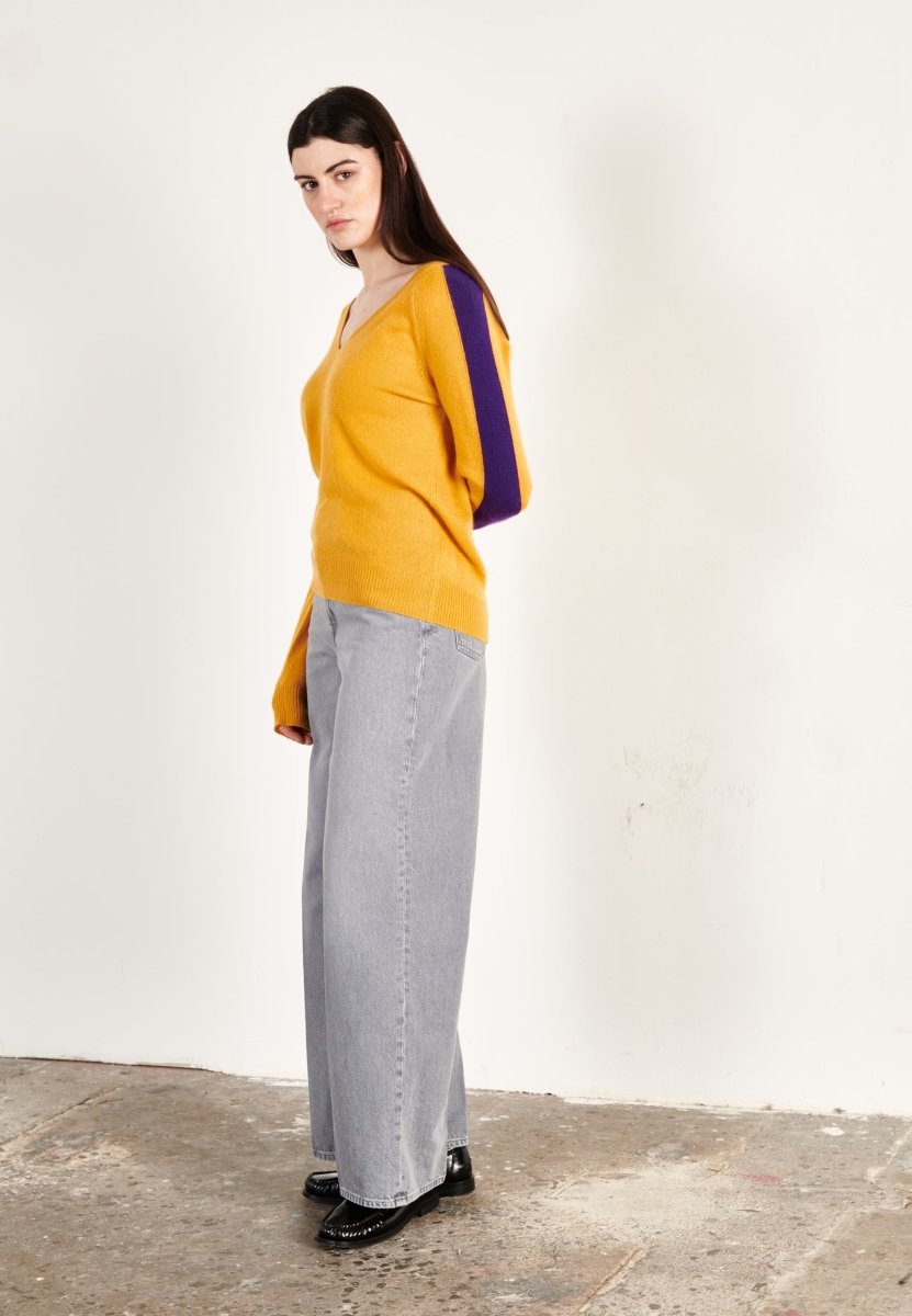 Pull col V cachemire moutarde/violet femme - RIA 1
