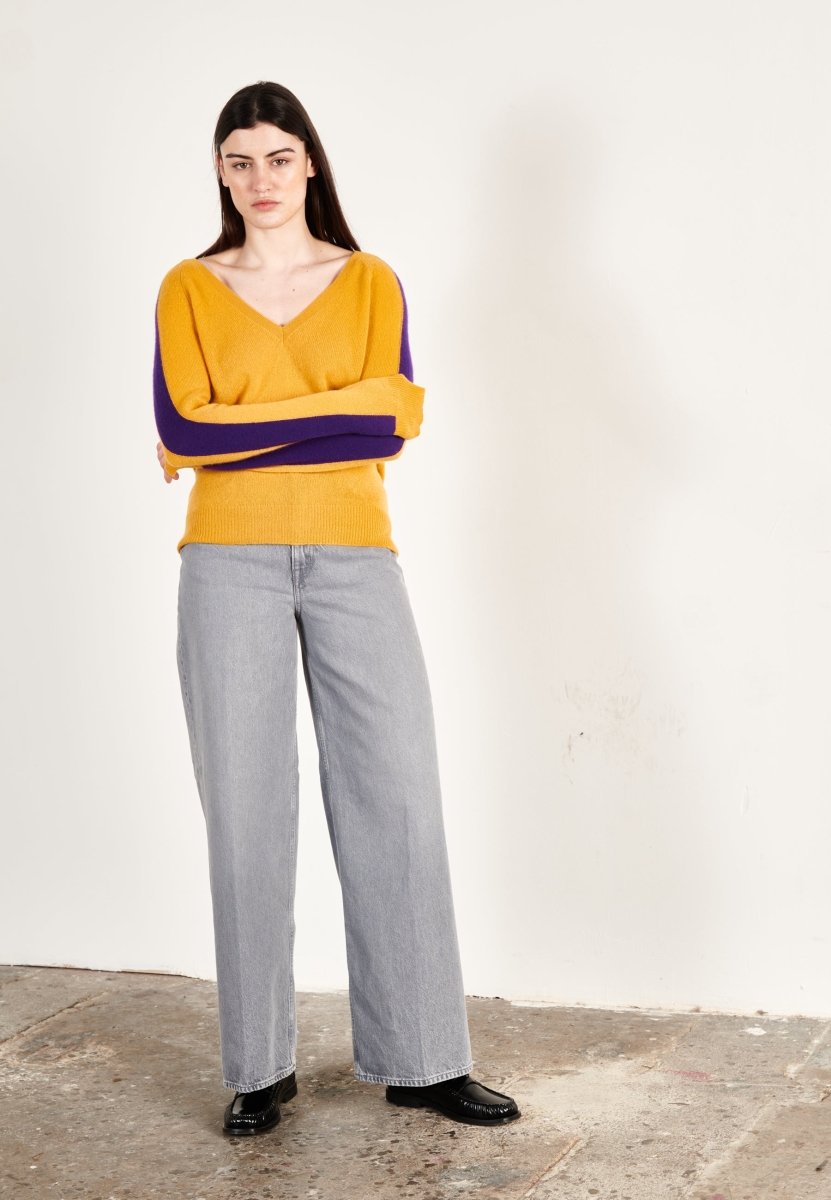 Pull col V cachemire moutarde/violet femme - RIA 1