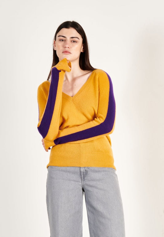 Pull col V cachemire moutarde/violet femme - RIA 1 - Studio cashmere8