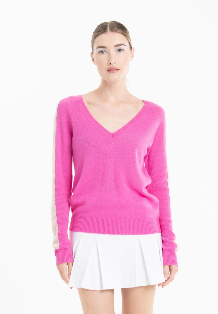 Pull col V cachemire rose barbie/skin femme - RIA 1 - Studio cashmere8