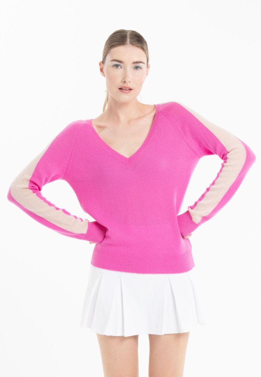 Pull col V cachemire rose barbie/skin femme - RIA 1 - Studio cashmere8
