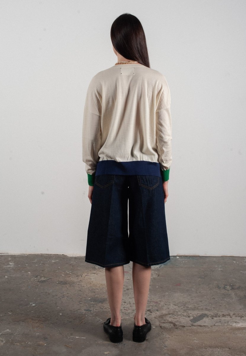 Pull col V femme en cachemire & laine ultrafin blanc & vert & bleu marine - KELLY 10 - Studio cashmere8