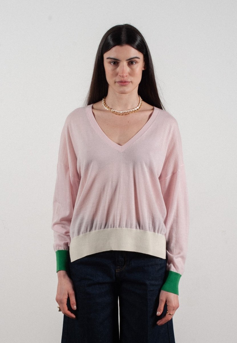 Pull col V femme en cachemire & laine ultrafin lavande & vert & blanc - KELLY 10 - Studio cashmere8