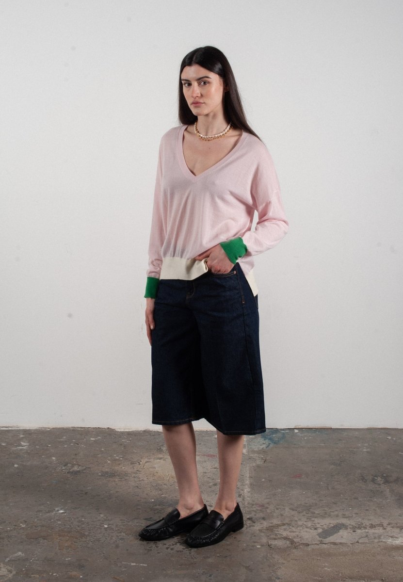 Pull col V femme en cachemire & laine ultrafin lavande & vert & blanc - KELLY 10 - Studio cashmere8