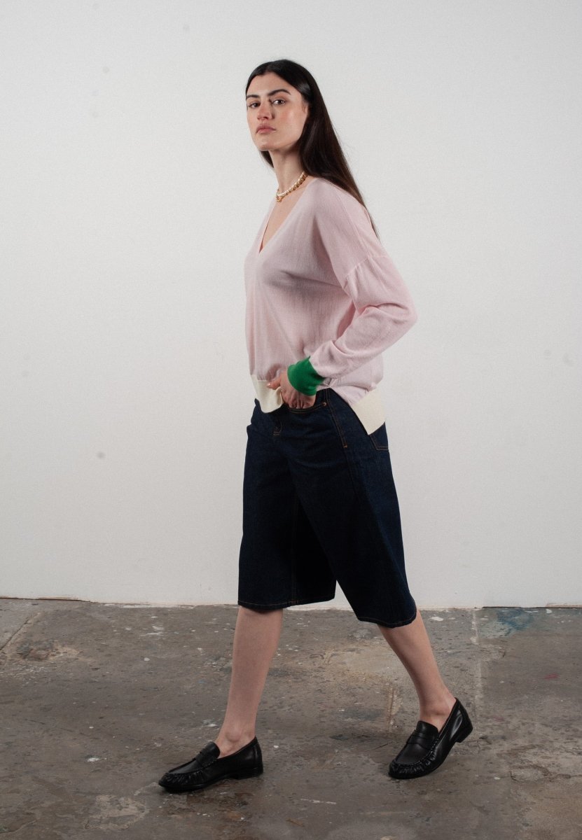 Pull col V femme en cachemire & laine ultrafin lavande & vert & blanc - KELLY 10 - Studio cashmere8