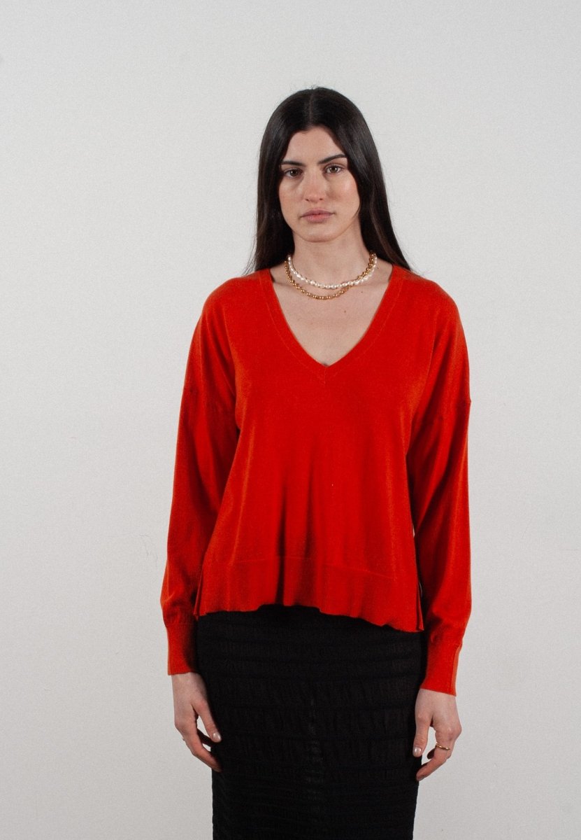 Pull col V femme en cachemire & laine ultrafin mandarine - KELLY 10