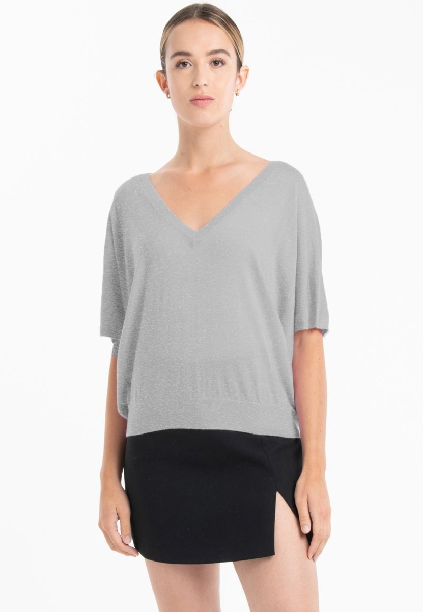 Pull col V manches chauve souris ultrafin cachemire et laine gris femme - KELLY 6 - Studio cashmere8