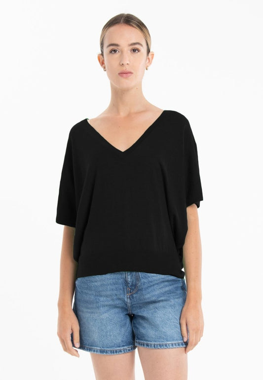 Pull col V manches chauve souris ultrafin cachemire et laine noir femme - KELLY 6 - Studio cashmere8
