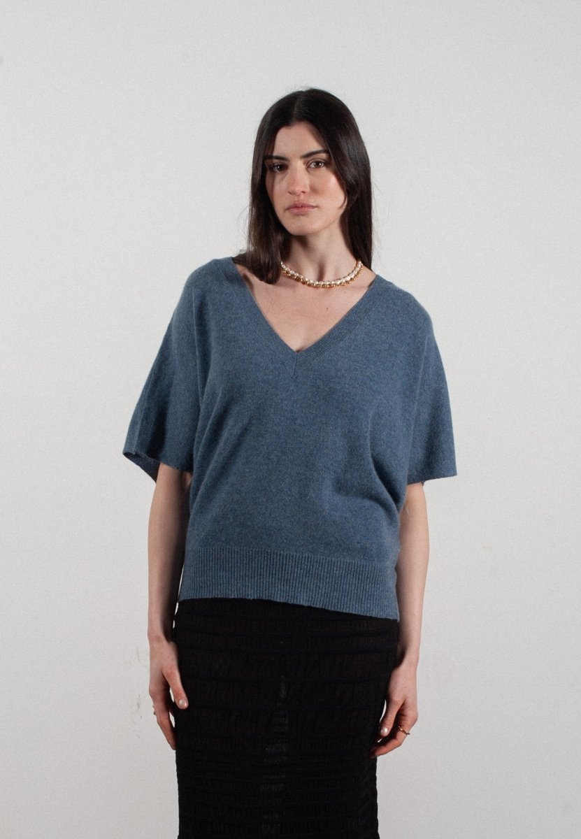 Pull col V manches chave souris femme en cachemire bleu foncé - RIA 25