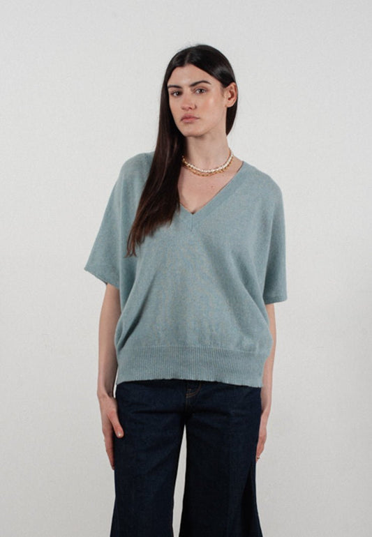 Pull col V manches chave souris femme en cachemire vert d'eau - RIA 25 - Studio cashmere8